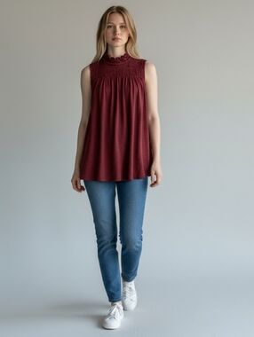 a new day Sleeveless Smocked Mock Neck Tank Top - Burgundy